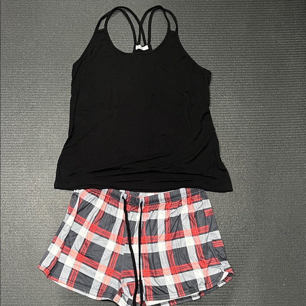EKOUAER Black Tank and Red Plaid Shorts Pajama Set